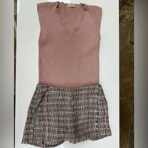 Chic Pink Knit Top and Tweed Skorts set
